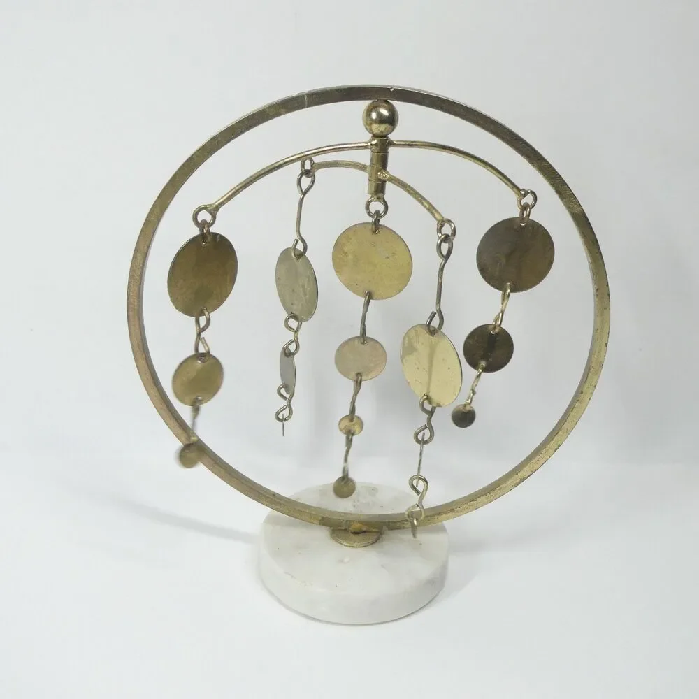Tabletop Windchime Vintage Goldtone Metal Circles Marble Base Wind Chime